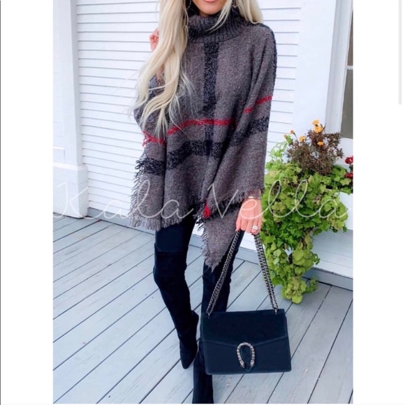 New! Gray plaid soft turtleneck poncho - Picture 2 of 7